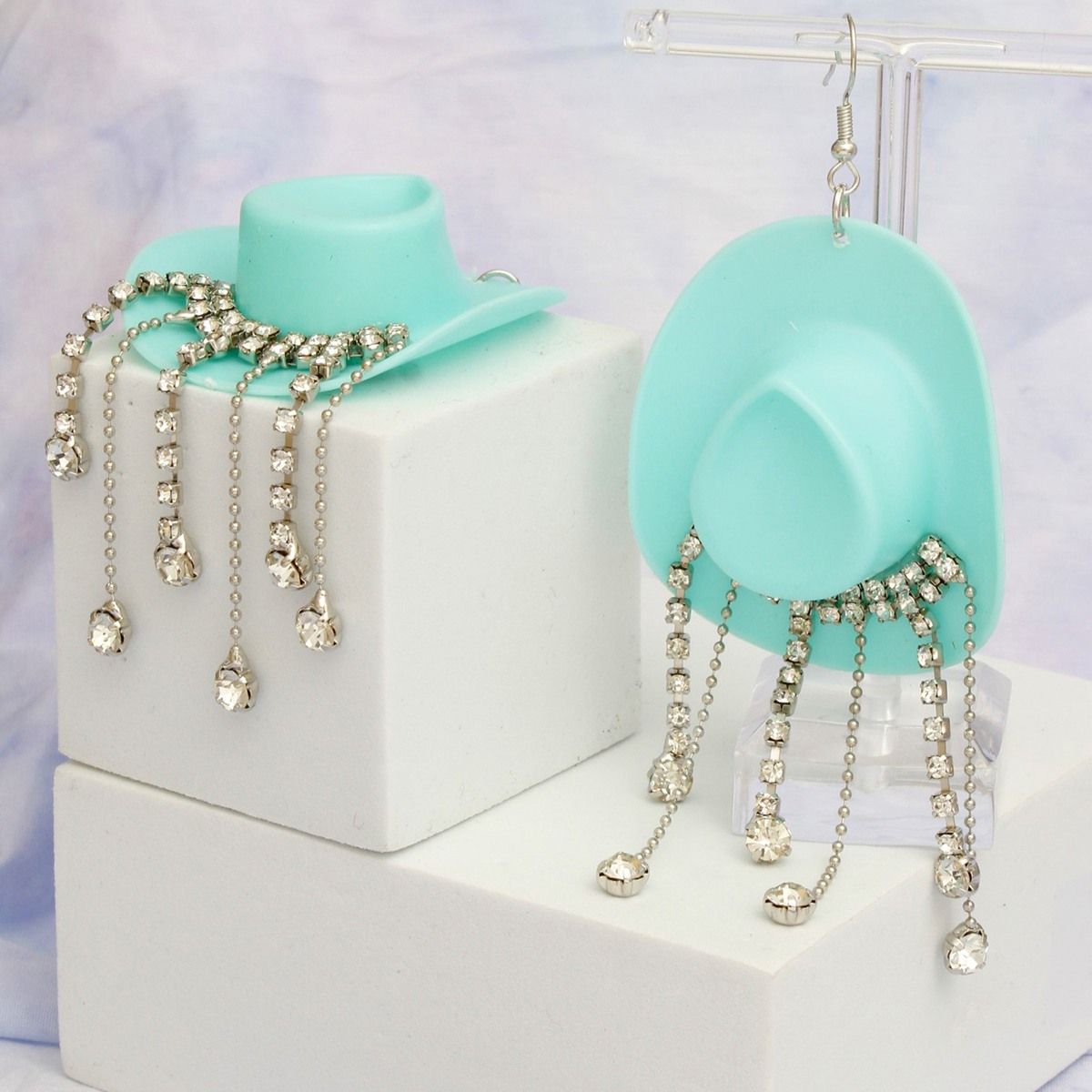 Turquoise Cowboy Hat Earrings Whimsical Rhinestone Fringe Dangle