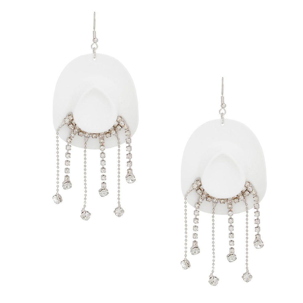 White Cowboy Hat Earrings Whimsical Rhinestone Fringe Dangle