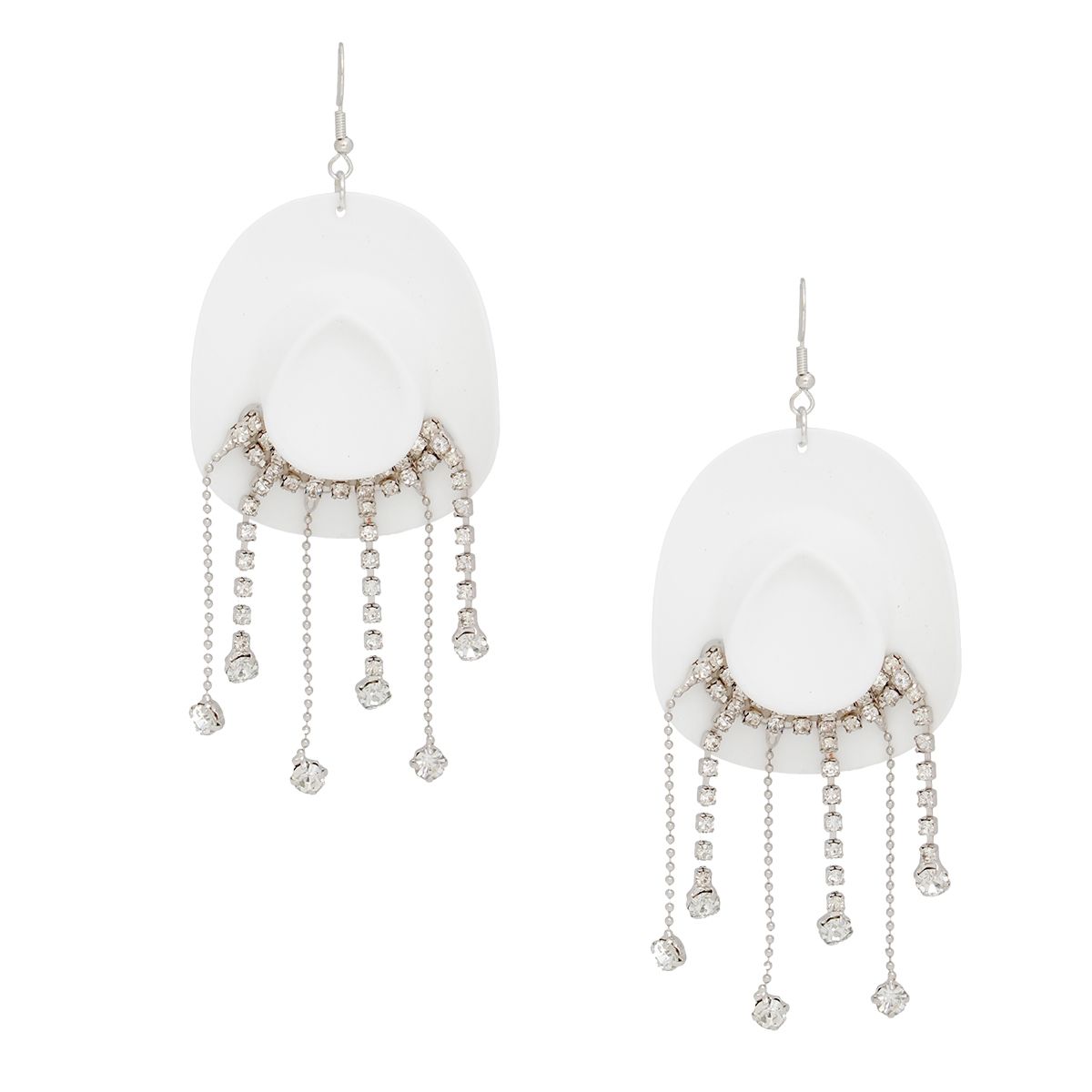 White Cowboy Hat Earrings Whimsical Rhinestone Fringe Dangle