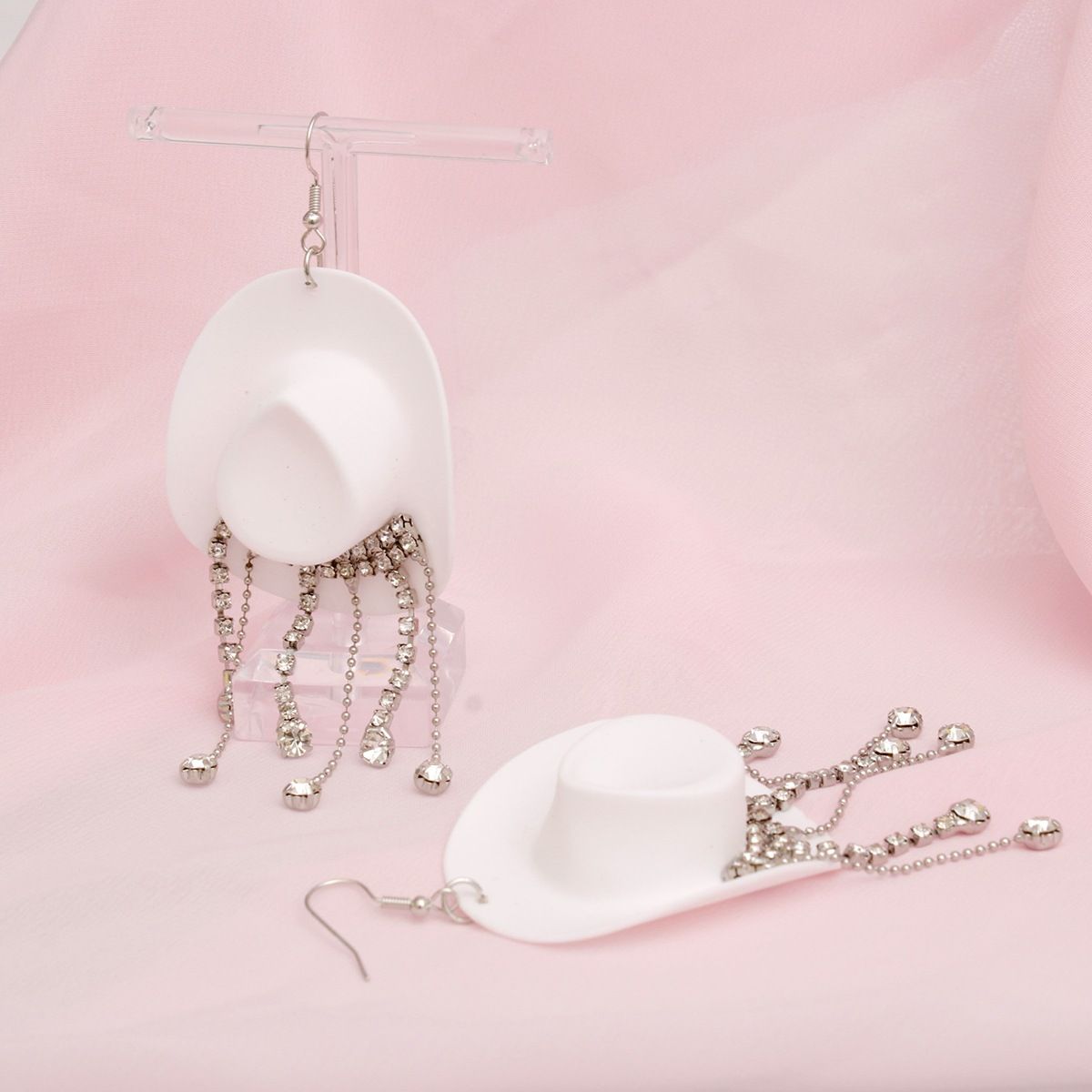 White Cowboy Hat Earrings Whimsical Rhinestone Fringe Dangle