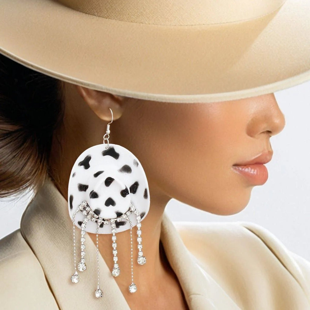 Cowgirl Hat Rhinestone Fringe Earrings – Acrylic Western Fish Hook, Lead & Nickel Free