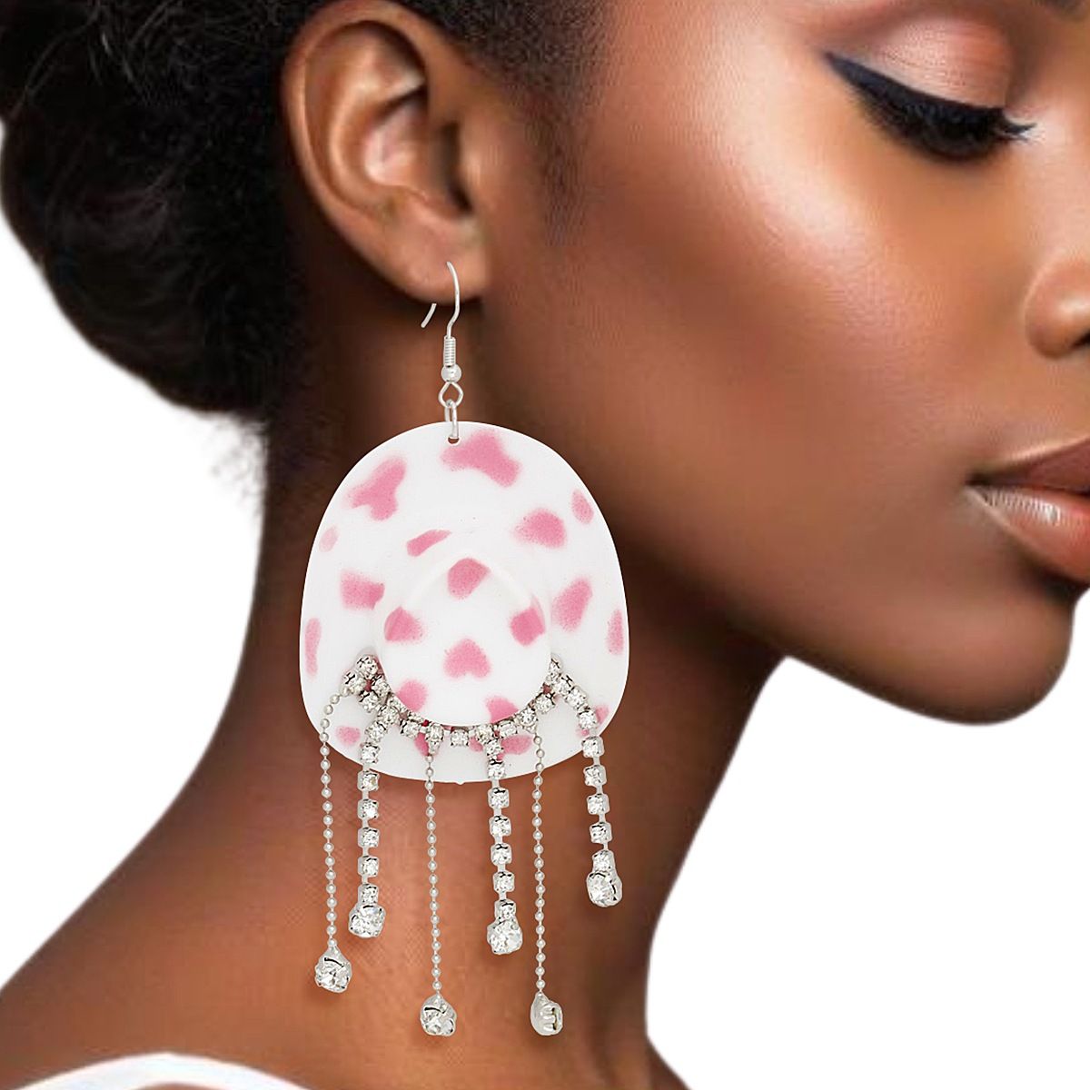 Pink Cowboy Hat Earrings Whimsical Rhinestone Fringe Dangle