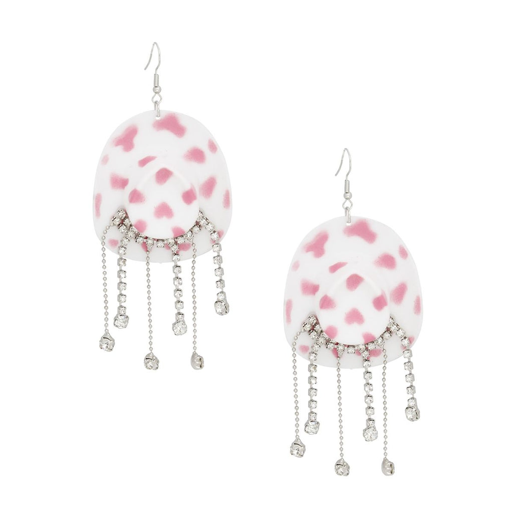 Pink Cowboy Hat Earrings Whimsical Rhinestone Fringe Dangle