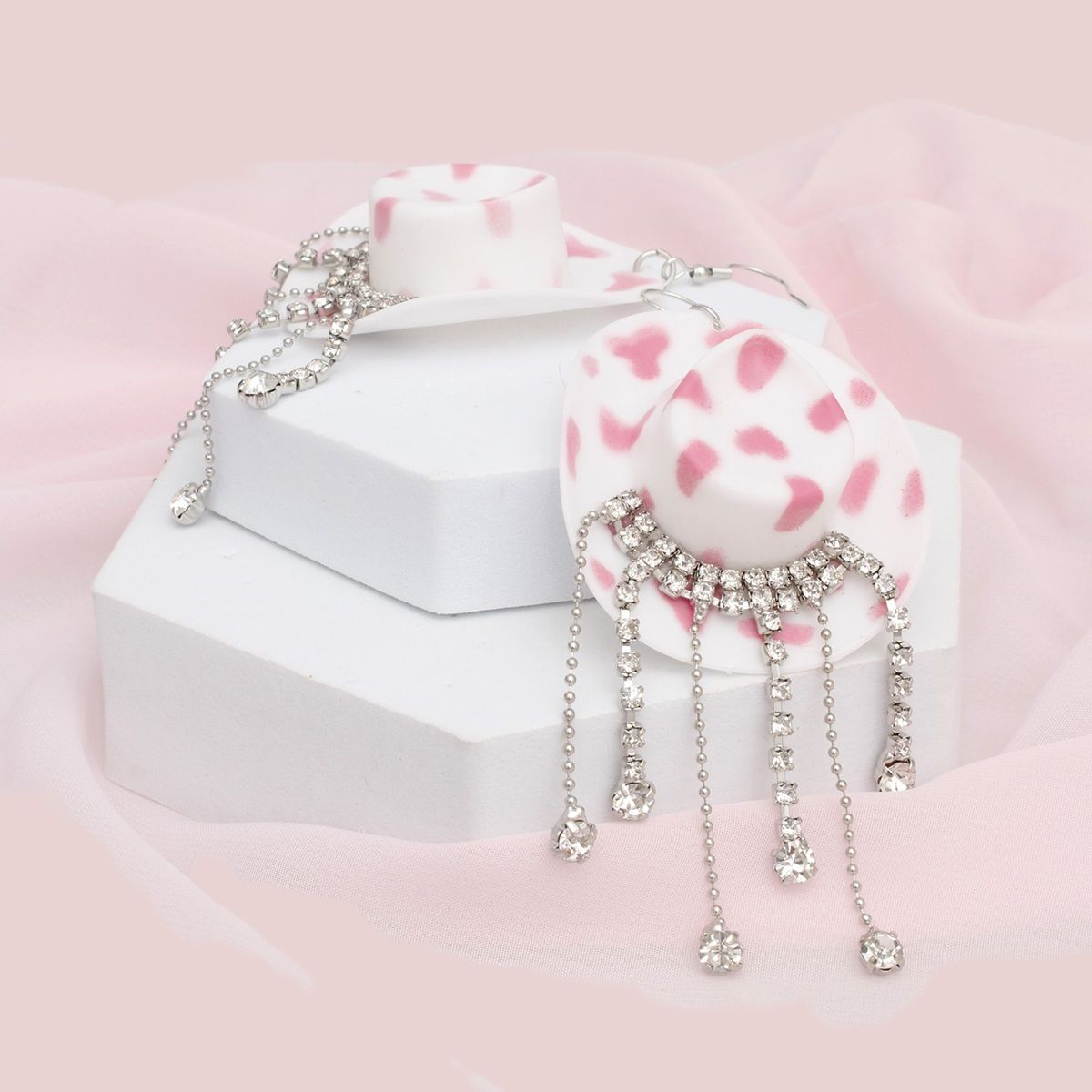 Pink Cowboy Hat Earrings Whimsical Rhinestone Fringe Dangle