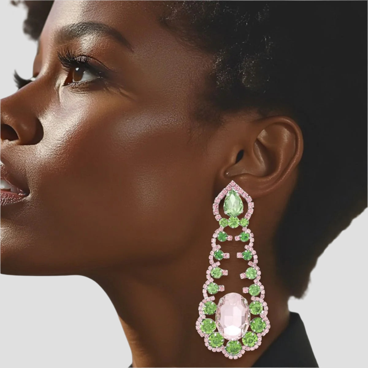 Elegant Formal Silver-Tone Rhodium-Plated Pink and Green Rhinestone Dangle Earrings Pinktown