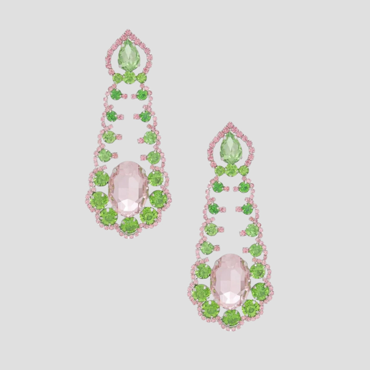 Elegant Formal Silver-Tone Rhodium-Plated Pink and Green Rhinestone Dangle Earrings Pinktown