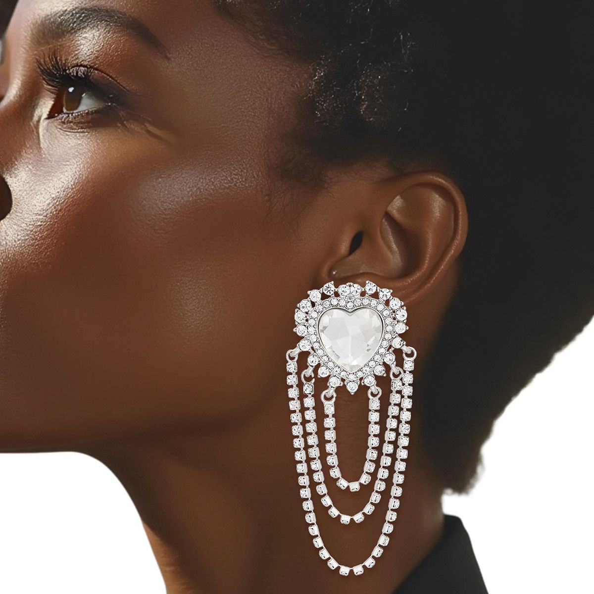 Silver Rhinestone Heart Earrings Cascading Statement Dangle | Fashion Jewelry
