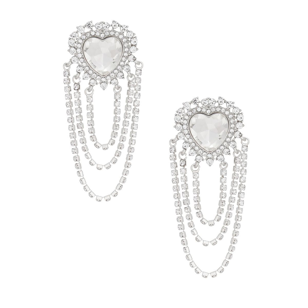 Silver Rhinestone Heart Earrings Cascading Statement Dangle | Fashion Jewelry