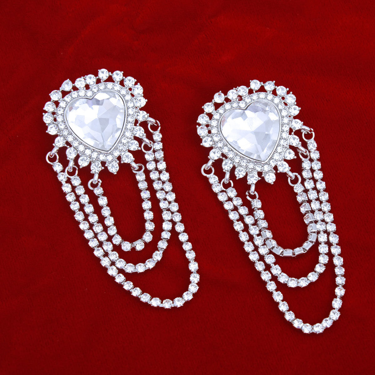 Silver Rhinestone Heart Earrings Cascading Statement Dangle | Fashion Jewelry