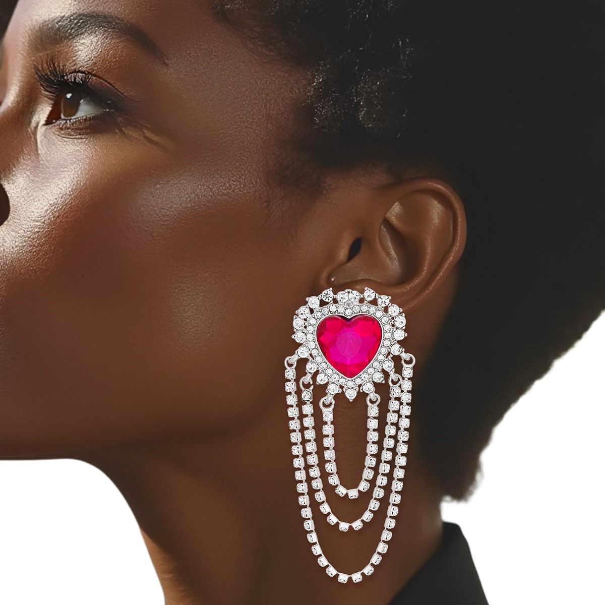 Silver Rhinestone Fuchsia Heart Earrings Cascading Statement Dangle | Fashion Jewelry
