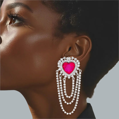 Hot Pink Heart Earrings with Clear Rhinestone Swag – Trendy Statement Jewelry Pinktown