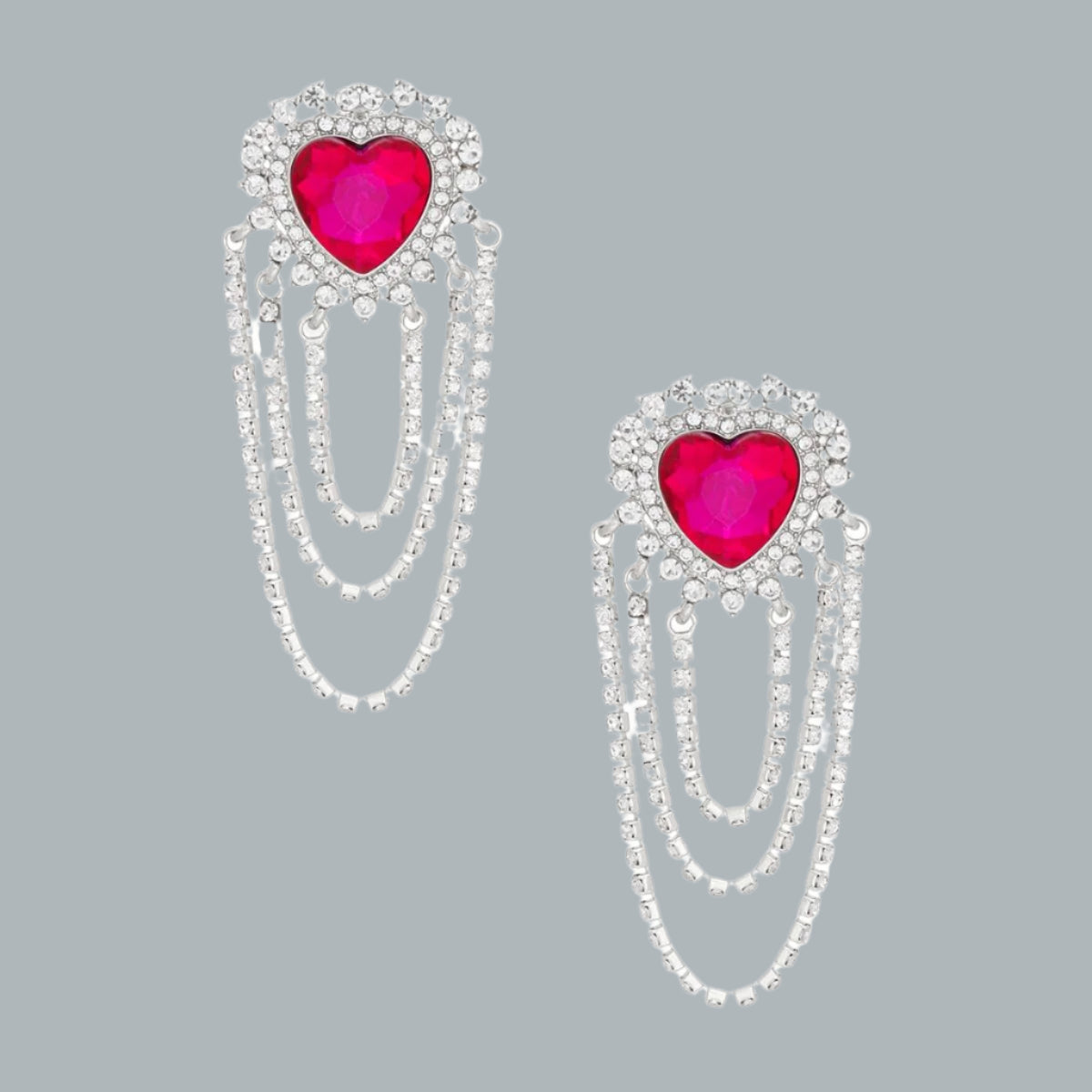 Hot Pink Heart Earrings with Clear Rhinestone Swag – Trendy Statement Jewelry Pinktown