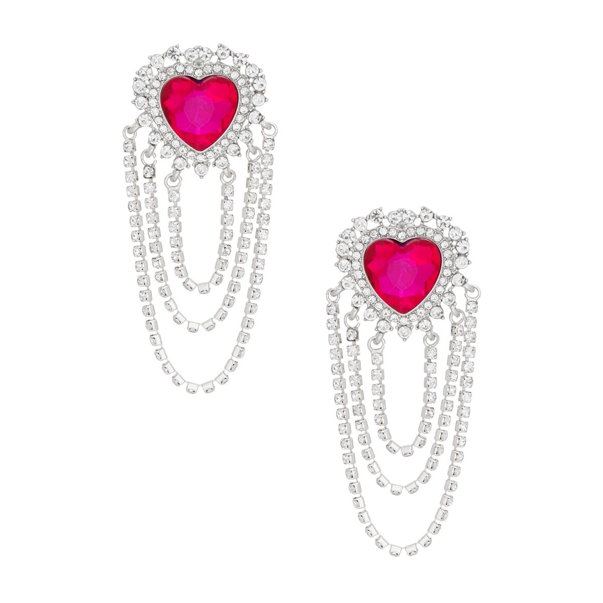 Silver Rhinestone Fuchsia Heart Earrings Cascading Statement Dangle | Fashion Jewelry