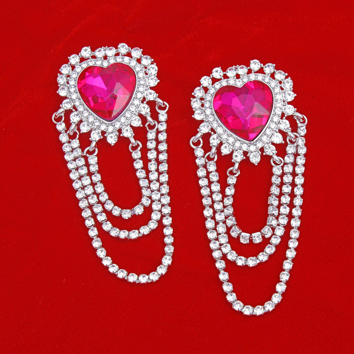 Silver Rhinestone Fuchsia Heart Earrings Cascading Statement Dangle | Fashion Jewelry