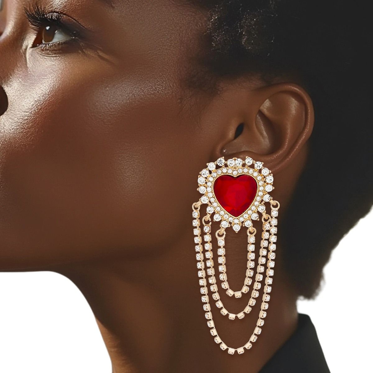 Gold Rhinestone Heart Earrings Cascading Statement Dangle | Fashion Jewelry