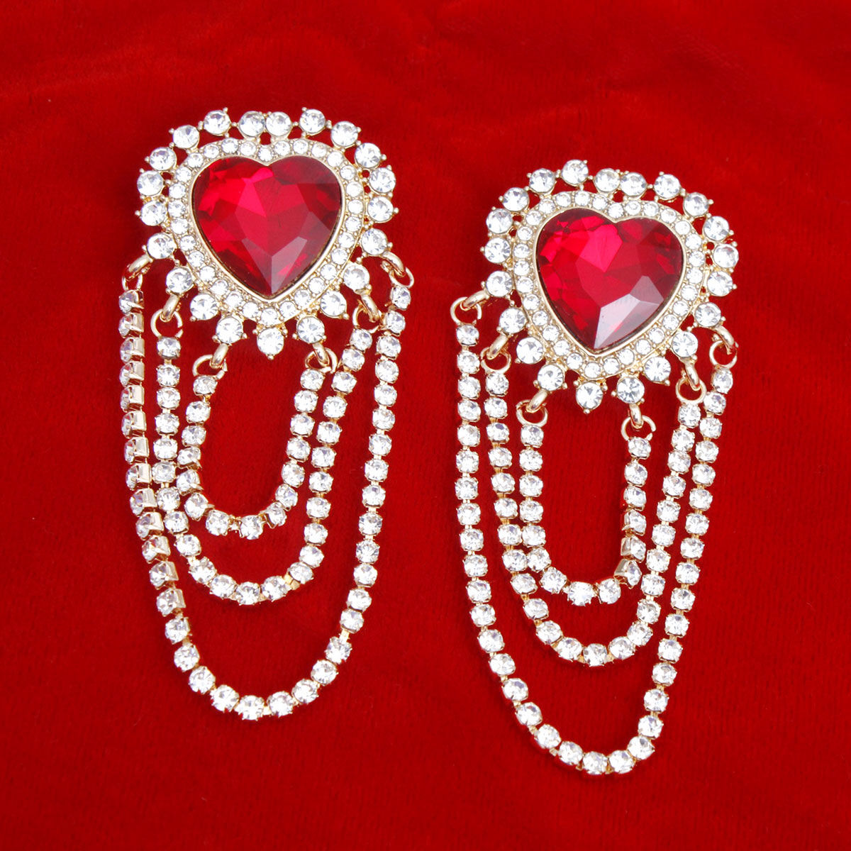Gold Rhinestone Heart Earrings Cascading Statement Dangle | Fashion Jewelry