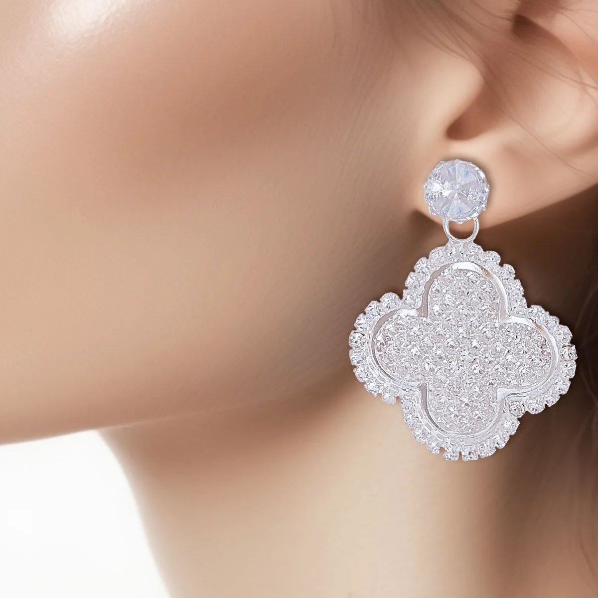 Elegant Silver Pave Clover Earrings - Dazzling Drop Jewelry
