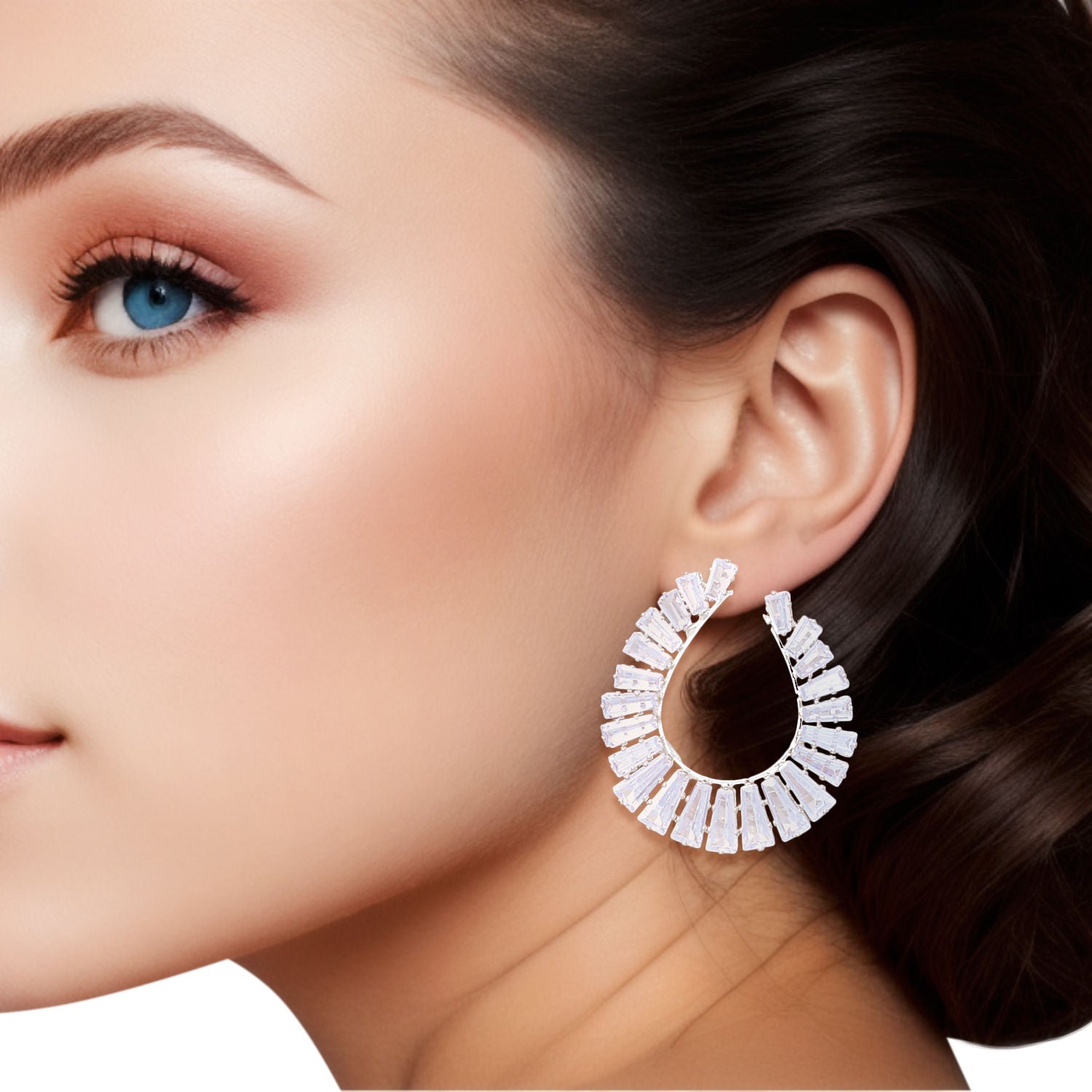 Teardrop Crystal Stud Earrings Silver Tone Clear Baguette | Fashion Jewelry