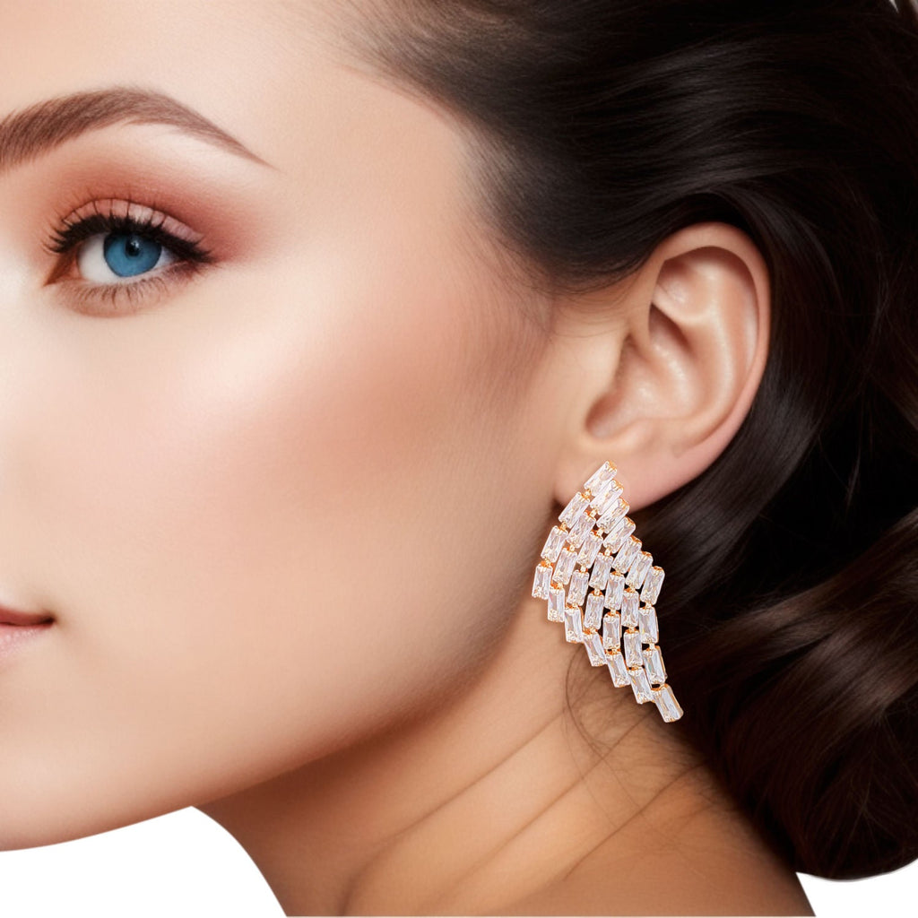 Baguette Crystal Stud Earrings Gold Wing Shape Statement | Fashion Jewelry