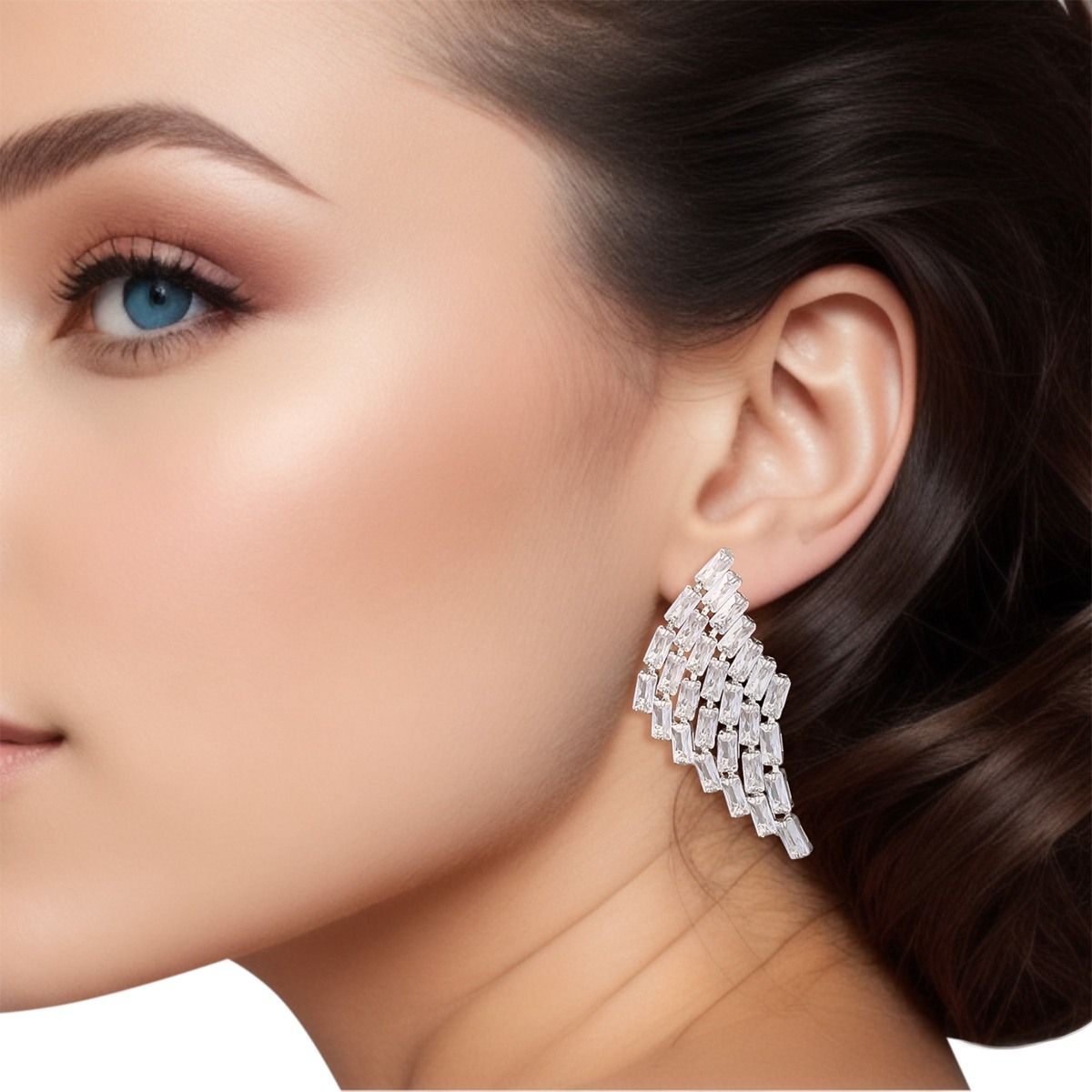 Baguette Crystal Stud Earrings Silver Wing Shape Statement | Fashion Jewelry
