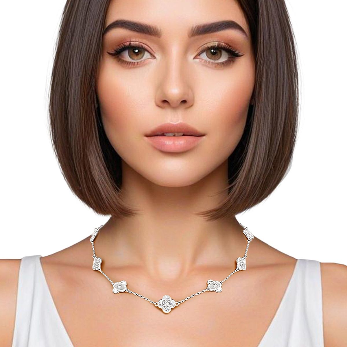 Silver Chain Necklace Clover Pave Rhinestones | Fashion Jewelry