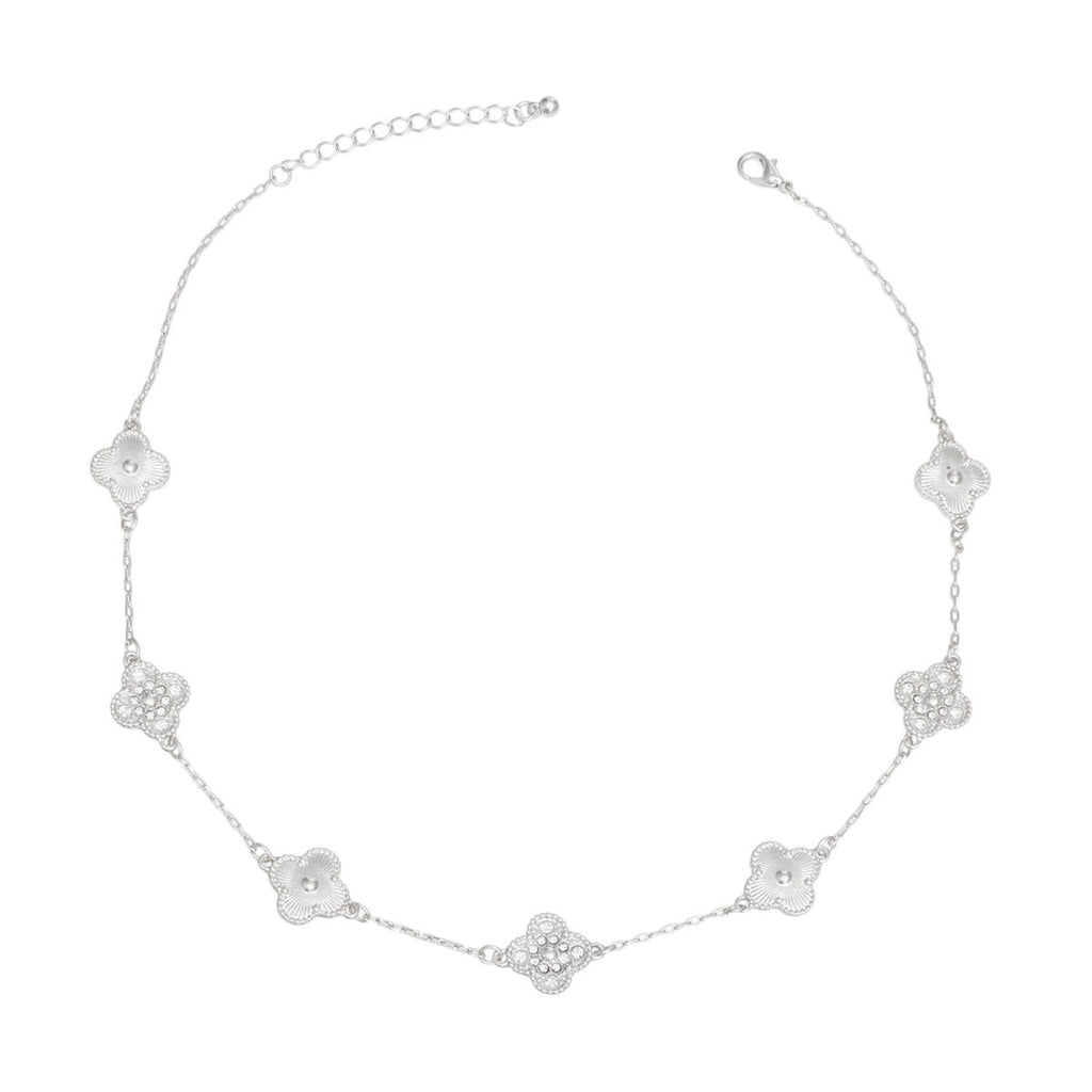 Silver Chain Necklace Clover Pave Rhinestones | Fashion Jewelry