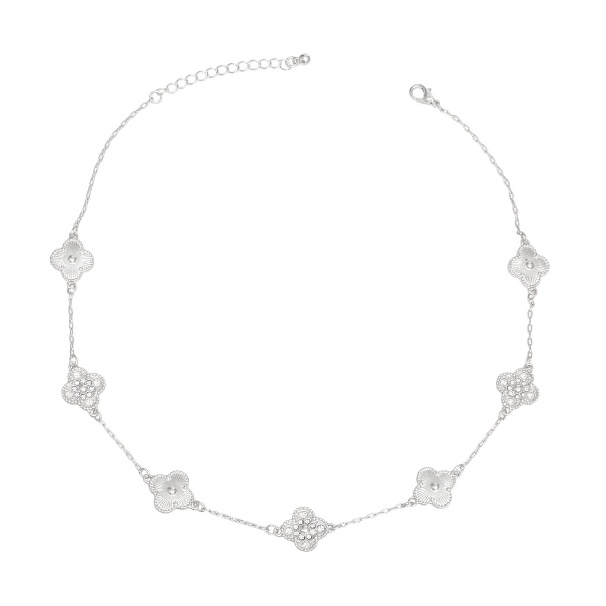 Silver Chain Necklace Clover Pave Rhinestones | Fashion Jewelry