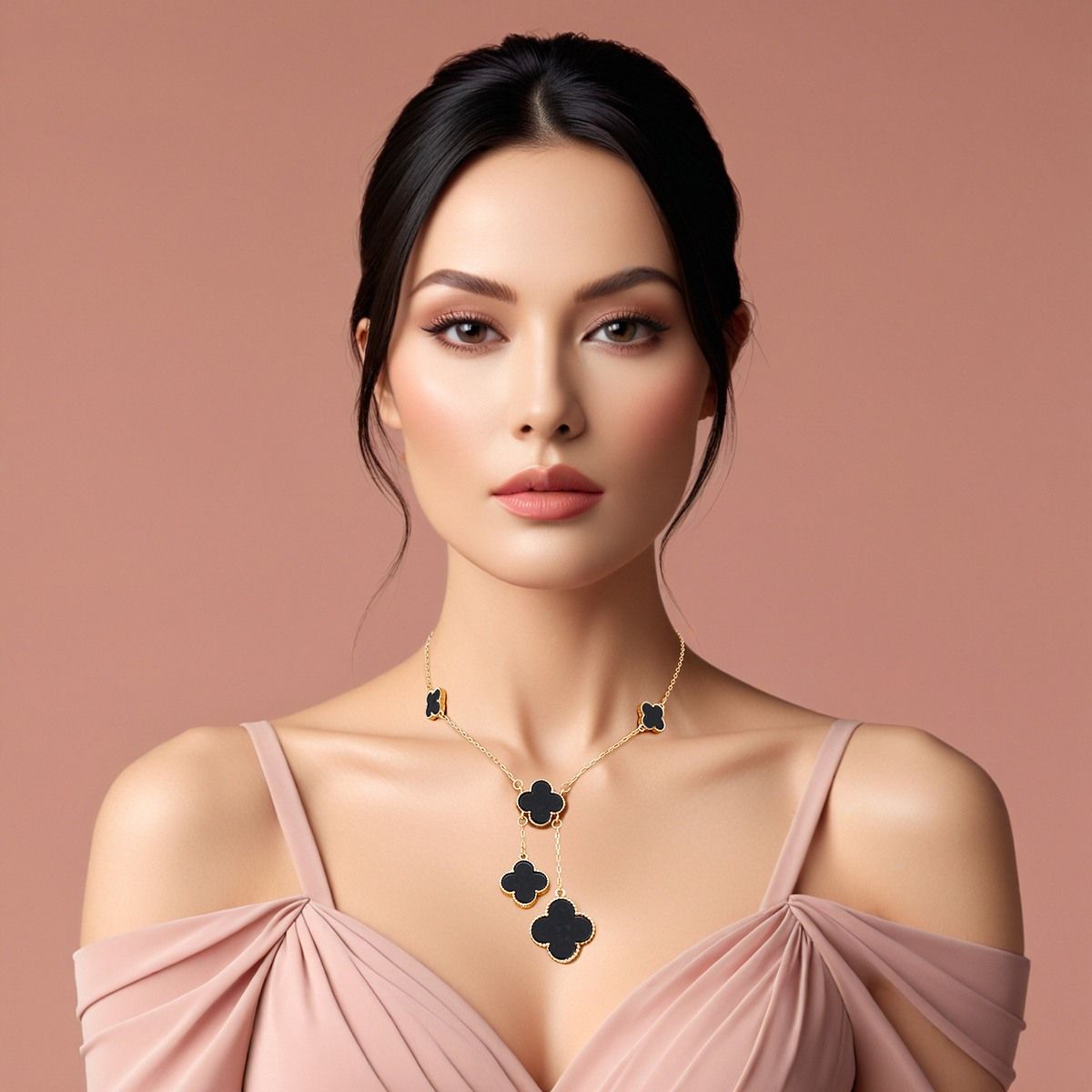 Dainty Gold Chain Necklace Black Clover Drop Pendant