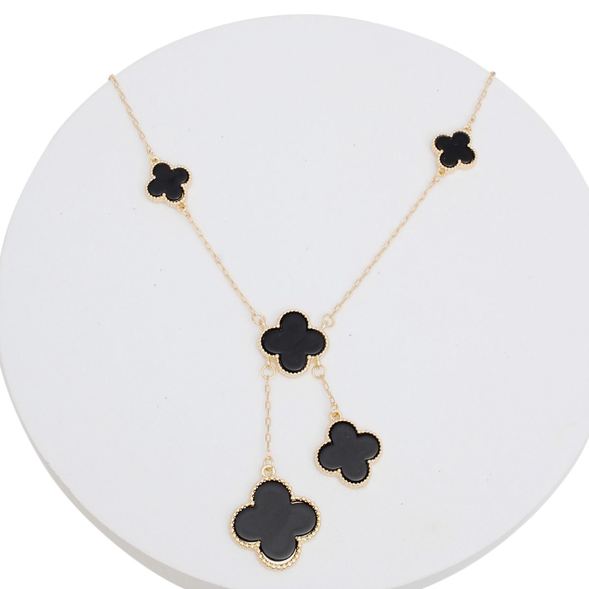 Dainty Gold Chain Necklace Black Clover Drop Pendant