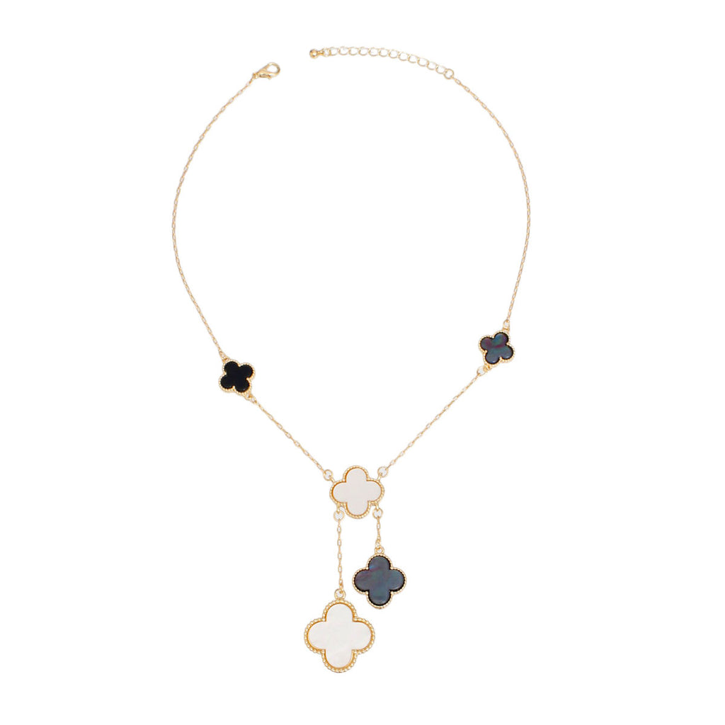 Dainty Gold Chain Necklace Marbled Black White Clover Charms