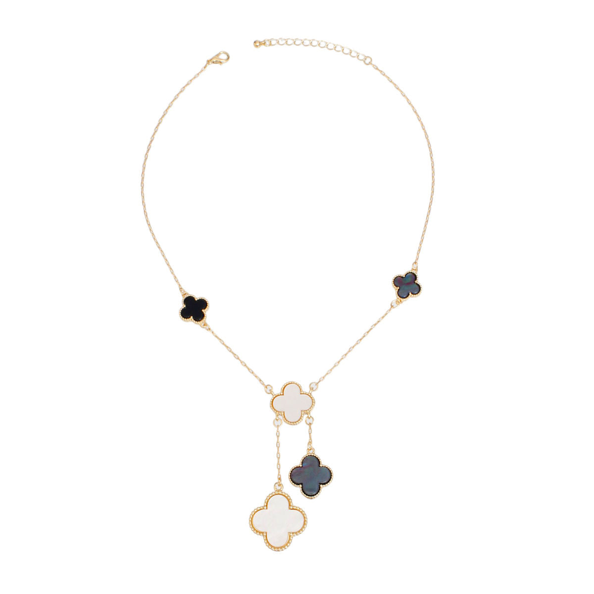 Dainty Gold Chain Necklace Marbled Black White Clover Charms