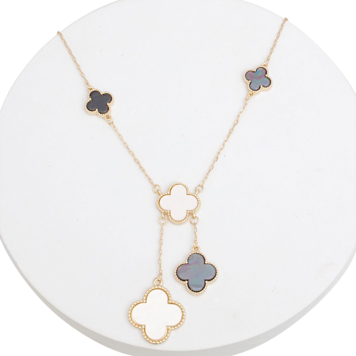 Dainty Gold Chain Necklace Marbled Black White Clover Charms