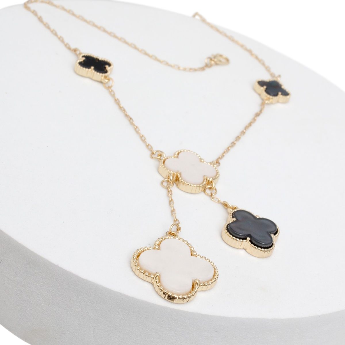 Dainty Gold Chain Necklace Marbled Black White Clover Charms