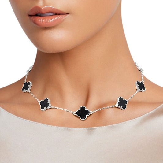 Necklace Silver Black Quatrefoil Clover 7 Motifs Pinktown