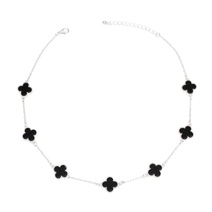 Women's Silver Black Quatrefoil Necklace - Stylish Chain Choker Pinktown