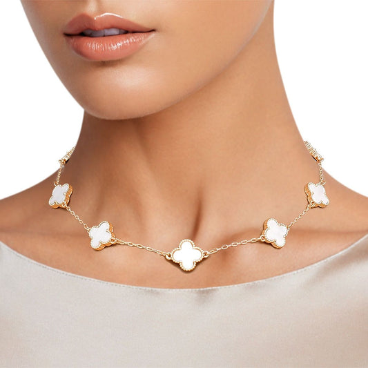 Necklace Gold White Quatrefoil Clover 7 Motifs Pinktown