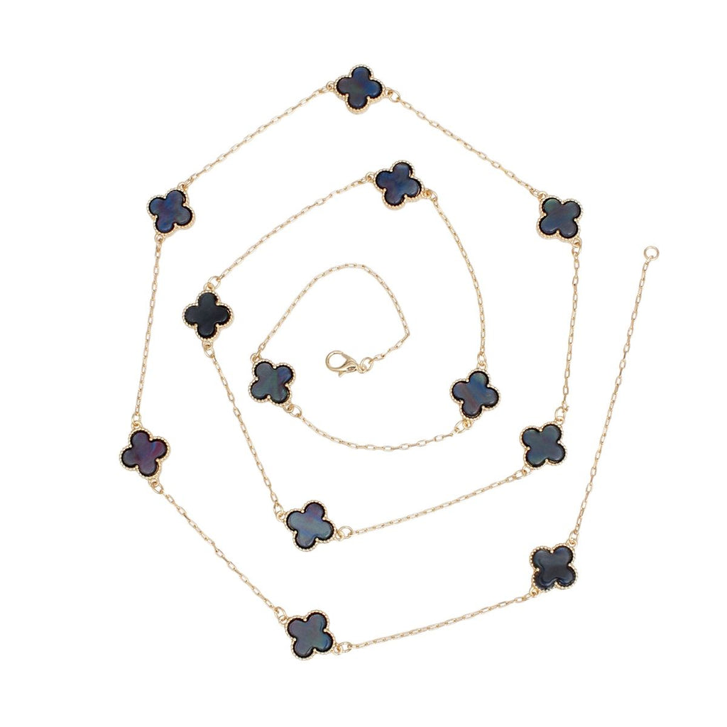 Dainty Gold Chain Necklace Quatrefoil Clover 12 Motifs Marbled Gray-Black