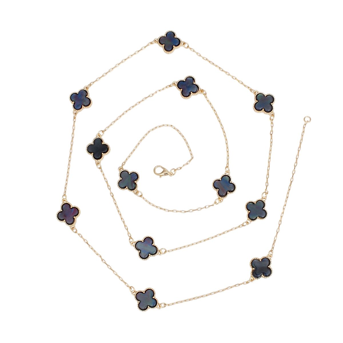 Dainty Gold Chain Necklace Quatrefoil Clover 12 Motifs Marbled Gray-Black