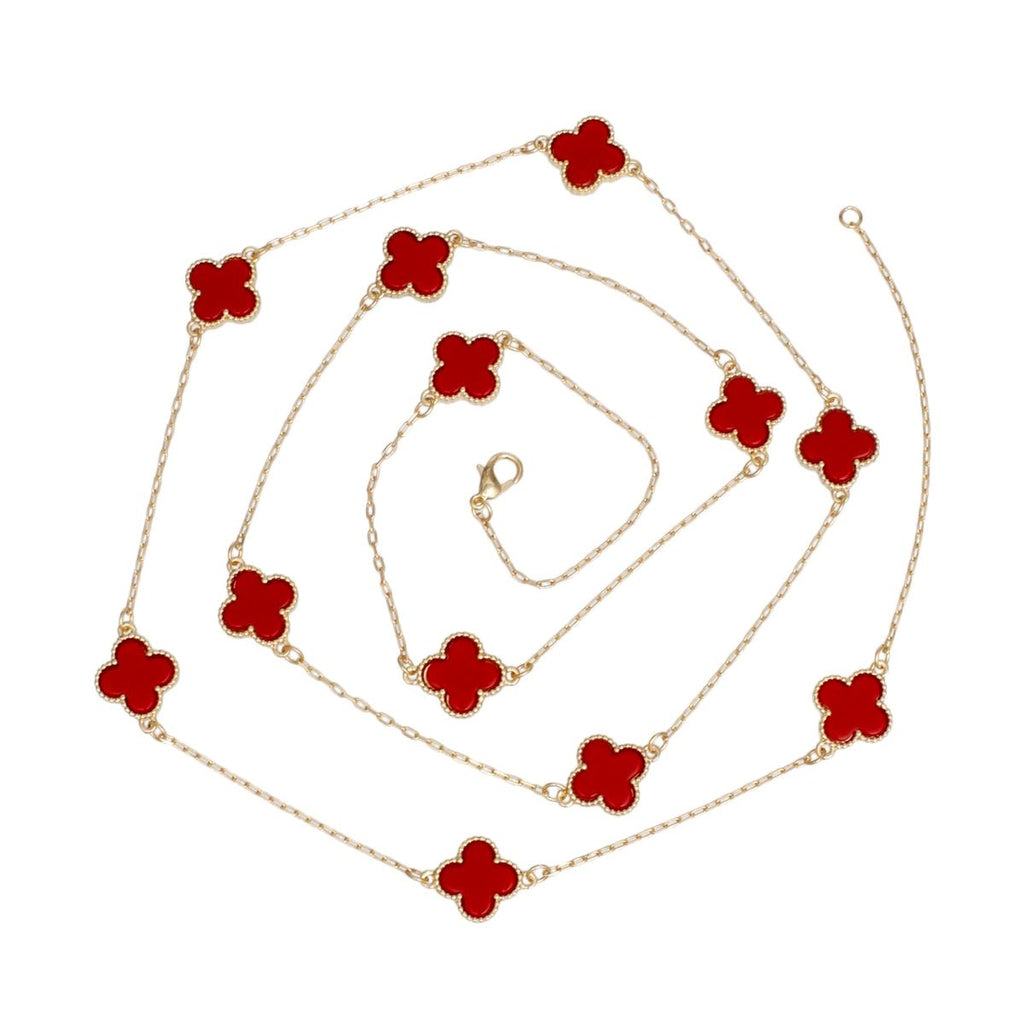 Gold Chain Necklace Dainty Red Clover 12 Motif Station