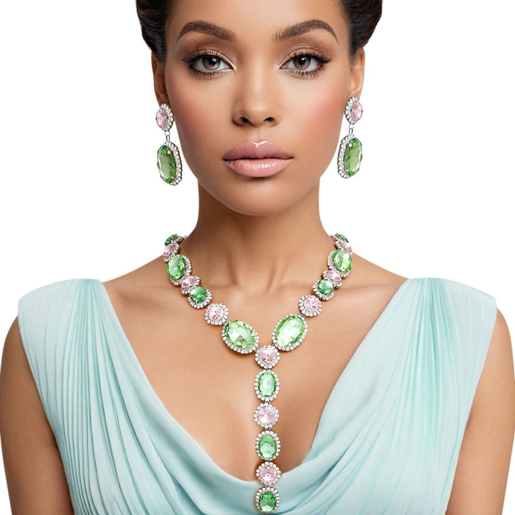 Green Pink Crystal Formal Necklace Set – Y Style Statement Jewelry with Matching Drop Earrings Pinktown
