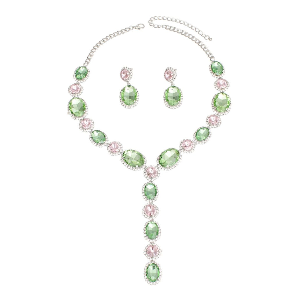 Green Pink Crystal Formal Necklace Set – Y Style Statement Jewelry with Matching Drop Earrings Pinktown