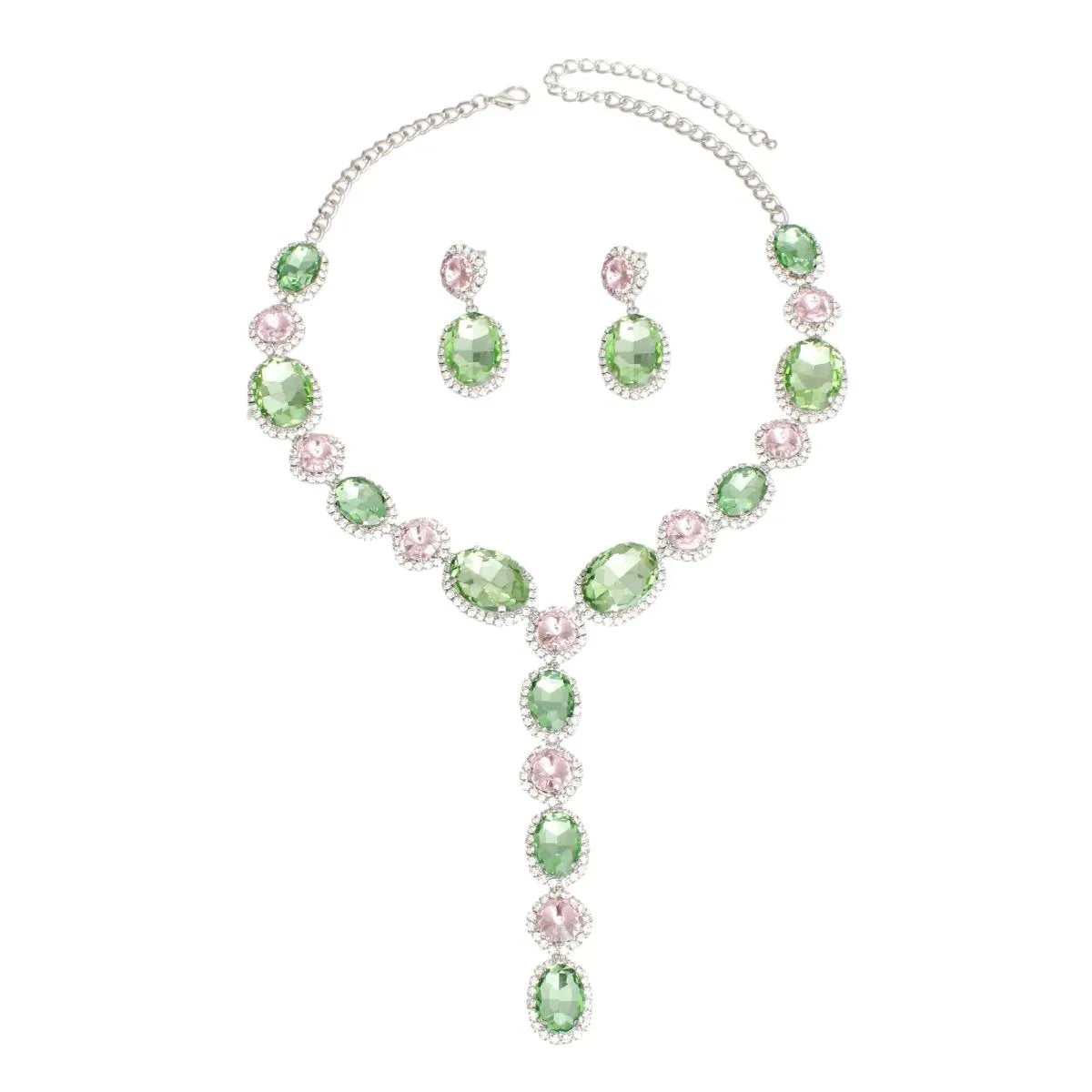 Green Pink Crystal Formal Necklace Set – Y Style Statement Jewelry with Matching Drop Earrings