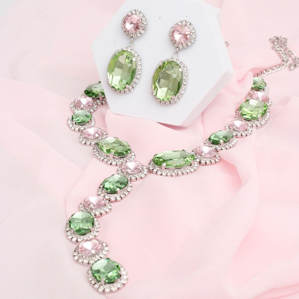 Green Pink Crystal Formal Necklace Set – Y Style Statement Jewelry with Matching Drop Earrings Pinktown