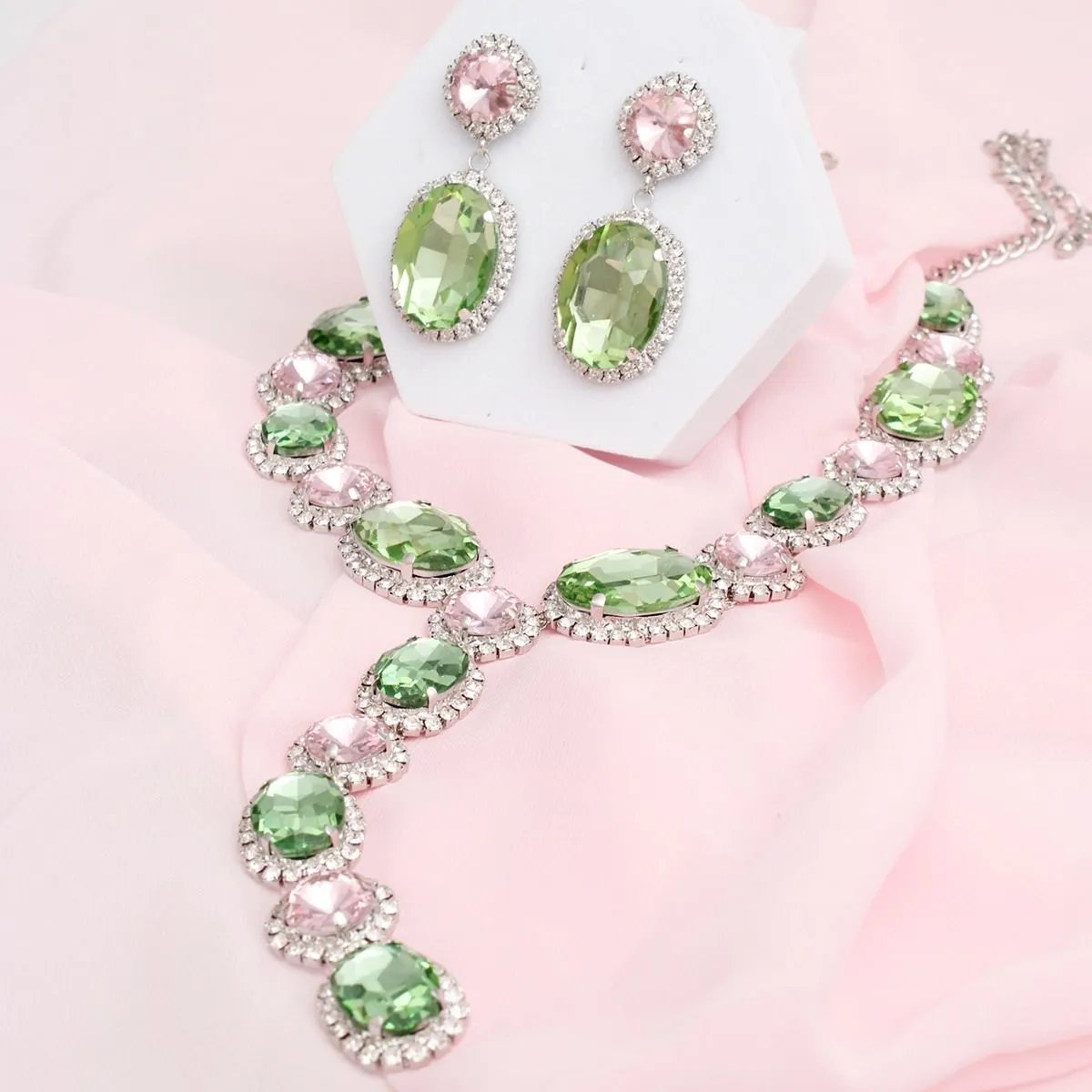 Green Pink Crystal Formal Necklace Set – Y Style Statement Jewelry with Matching Drop Earrings