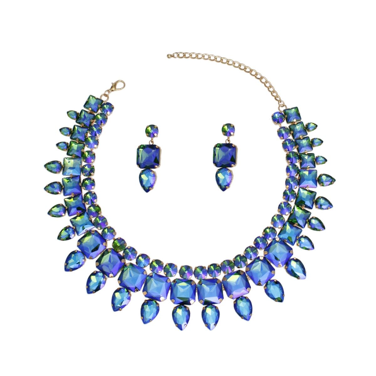 Blue Green Crystal Necklace Set Gold Tone Collar Bib with Drop Earrings
