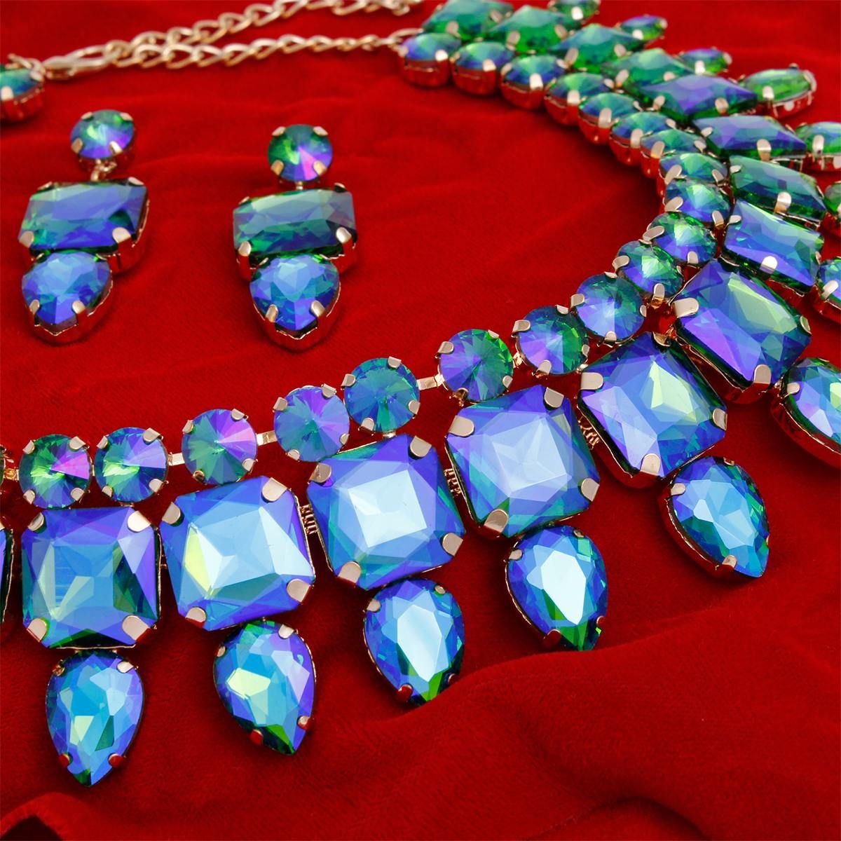 Blue Green Crystal Necklace Set Gold Tone Collar Bib with Drop Earrings