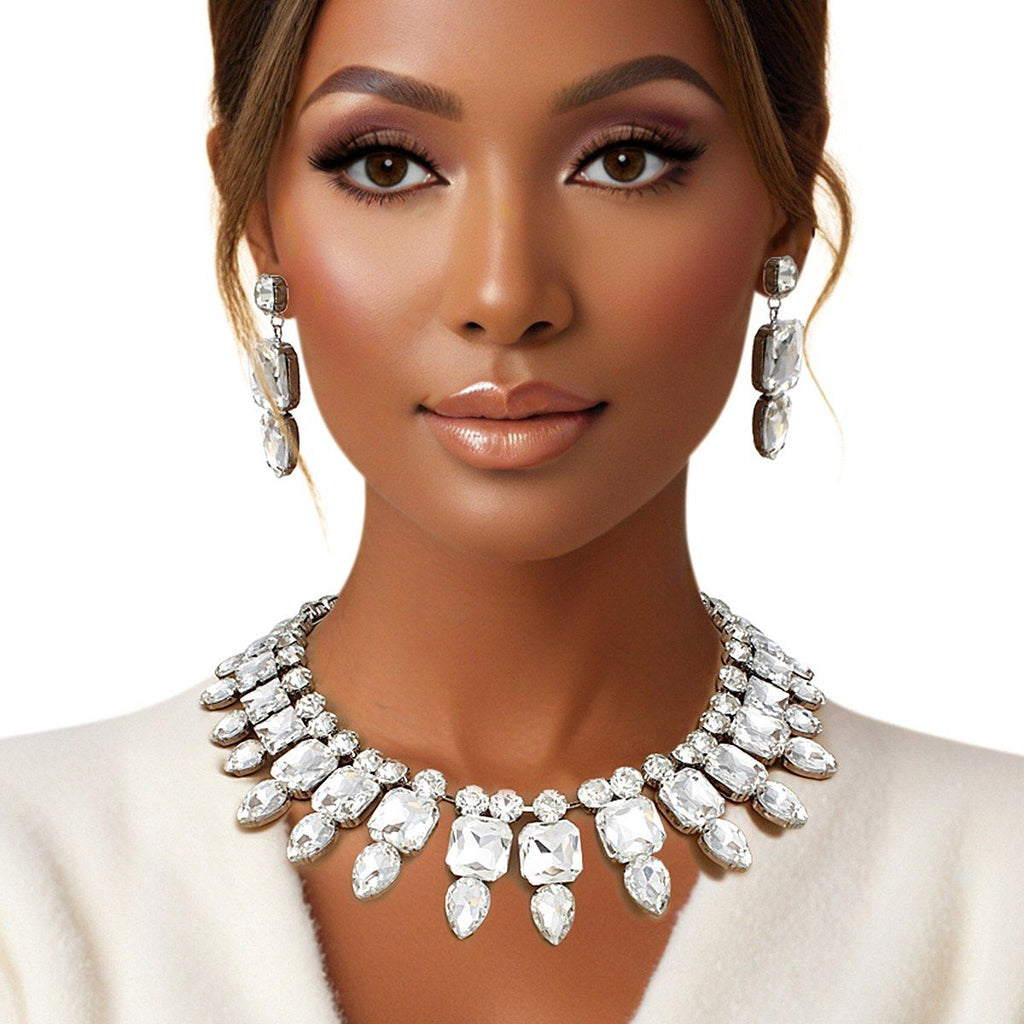 Formal Crystal Collar Necklace Set Silver Bib Clear Glass Crystals