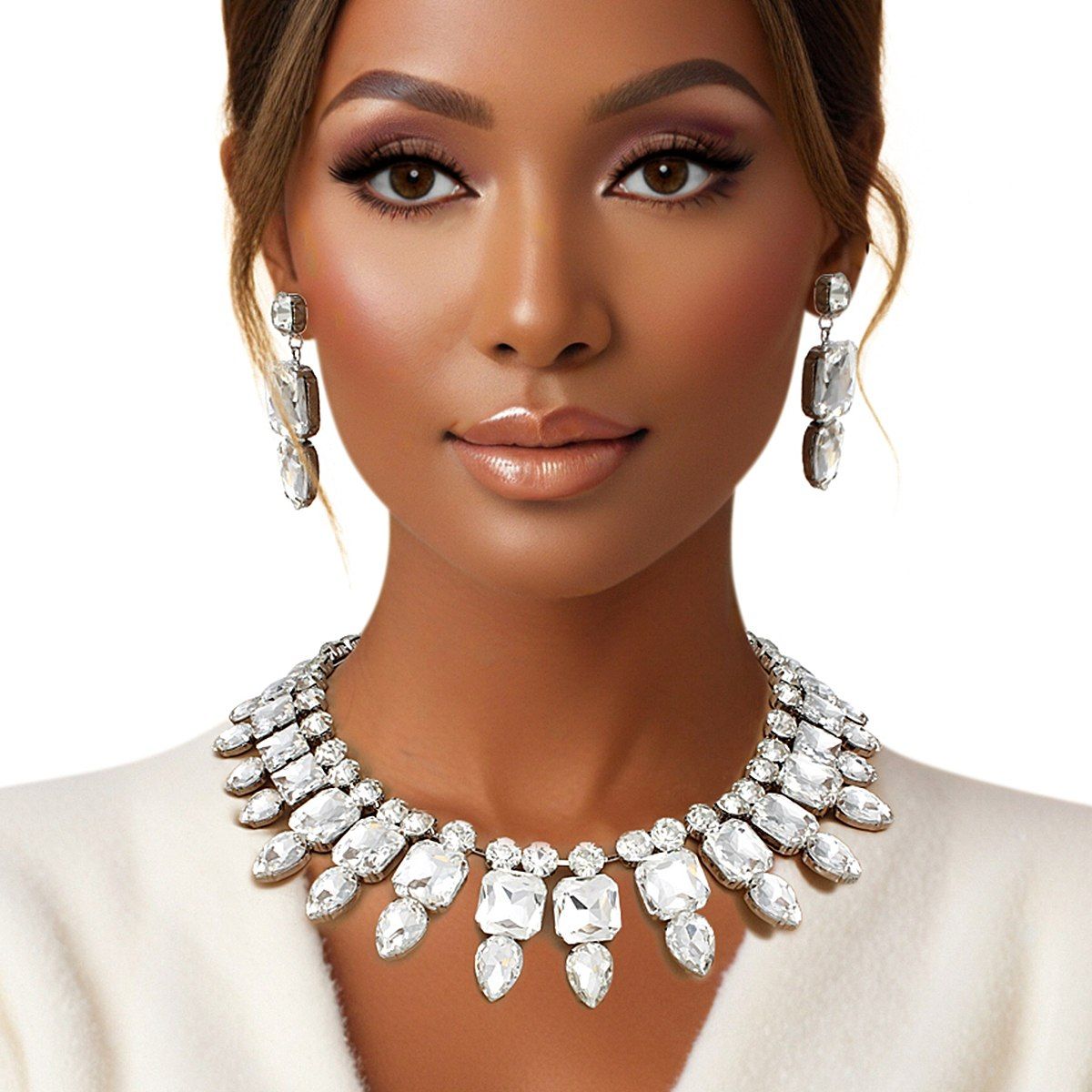 Formal Crystal Collar Necklace Set Silver Bib Clear Glass Crystals