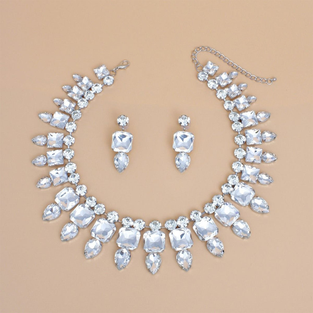 Formal Crystal Collar Necklace Set Silver Bib Clear Glass Crystals