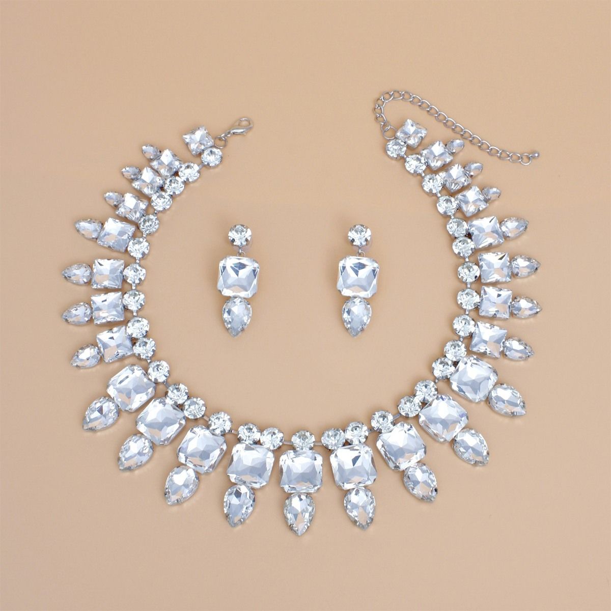 Formal Crystal Collar Necklace Set Silver Bib Clear Glass Crystals